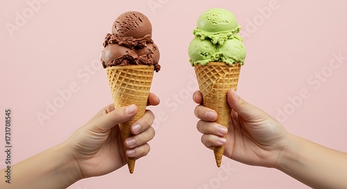 Two ice cream cones held by hands on a pink background