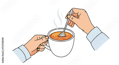 Illustration displaying hands stirring steaming beverage with spoon in a white mug with bright background ready to drink the aromatic drink