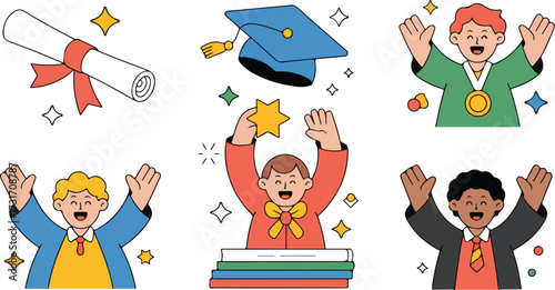 Children celebrating graduation with diploma cap medals and books
