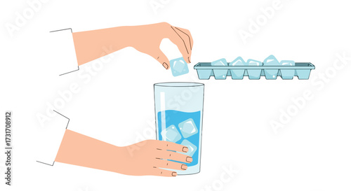 Illustrative depiction of a hand placing a cube of ice into a glass of refreshing water for cooling drink