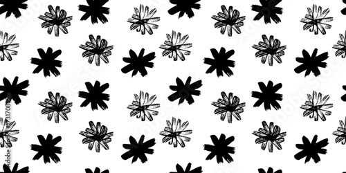 Seamless pattern of handdrawn flowers, graffiti stars, snowflakes and asterisk shapes. Grunge wax crayon squiggles with chalk and charcoal feel, cute stylish template for Christmas, Xmas and music