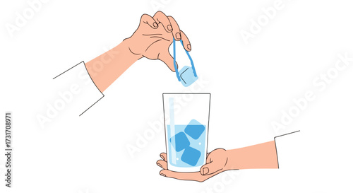 Illustration showcasing a hand using ice tongs to place an ice cube into a glass of water, promoting hydration and refreshment  in a simple graphic