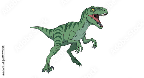 A ferocious green dinosaur with sharp teeth and claws roars.