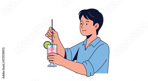 Animated illustration of a young man stirring a refreshing drink with lime garnish and ice cubes, in a relaxed setting ready for summer