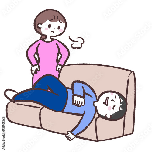 ソファーで眠る男性に困る女性のイラスト