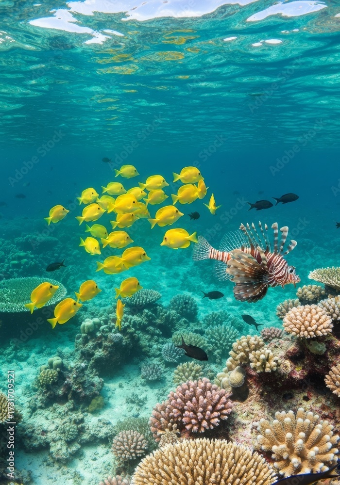 Fototapeta premium Fishes swim underwater in the sea. Tropical reef with abundance of fishes in the Maldives