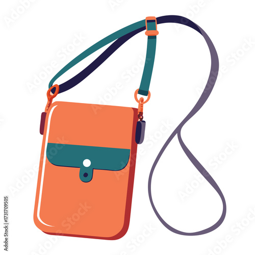 Crossbody phone bag illustration with adjustable strap and front clasp detail