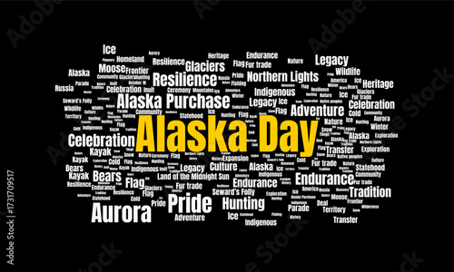 Alaska Day Word Cloud in Bold Typography on Black Background