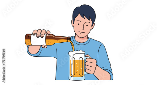 Man pouring beer into a frothy mug in a relaxed setting illustration style for web and social media design illustration isolated on white