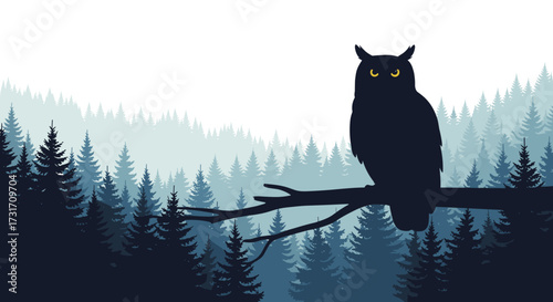 A silhouette of an owl perched on a branch in a foggy forest.