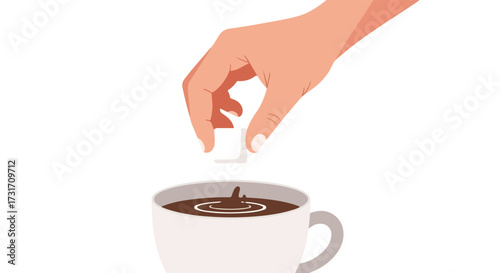 Adding Sweetness: A Hand Gently Drops a Sugar Cube into a Warm Cup of Coffee Delight Moment