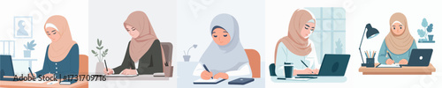 vector of a woman wearing a hijab writing at office