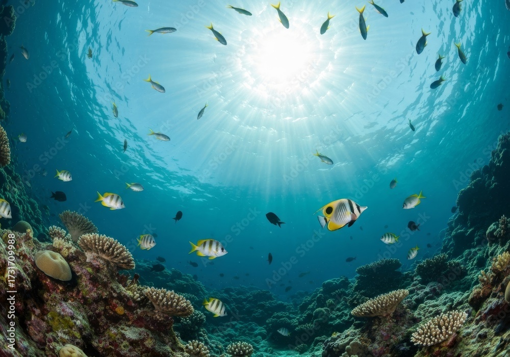 Fototapeta premium Many colorful fishes around coral reef in blue transparent shallow water