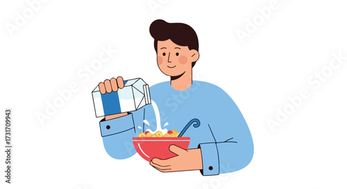 Man enjoys a healthy breakfast routine, pouring fresh milk over a bowl of crunchy cereal for balanced nutrition and energy, representing a positive