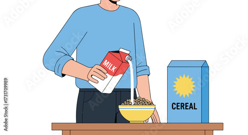 Morning Ritual: Pouring Fresh Milk into Cereal Bowl for a Nutritious Start to the Day Depiction