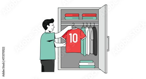 A young man selecting a number ten football jersey from his closet showcasing a passion for sports and team loyalty for a vibrant lifestyle