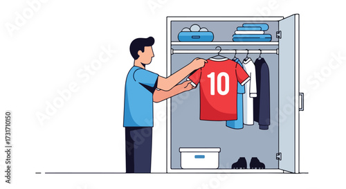 Illustrated athlete organizing wardrobe with sporting essentials showing dedication and preparation for upcoming activities and practices