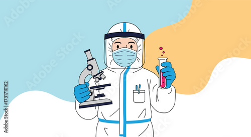 A scientist in protective gear holds a microscope and a test tube.