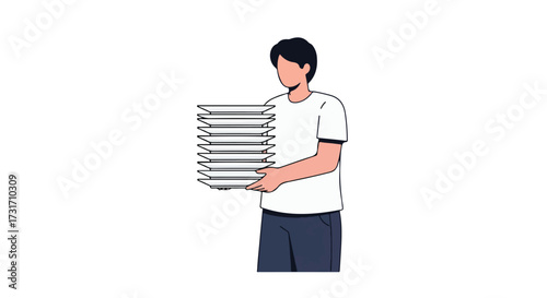 Illustration of a waiter carrying a large stack of clean plates, showcasing service industry work with a minimalist design and simple, balanced
