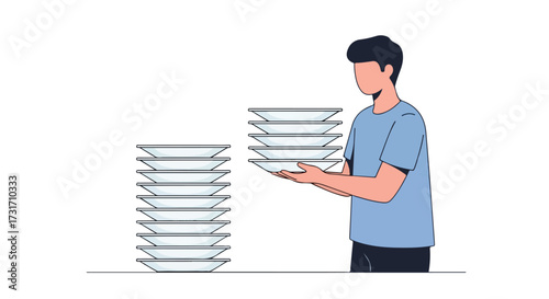 Illustration of a Man Carrying a Stack of Plates next to a Second Stack on a Clean White Background showing Restaurant or Home Scenarios