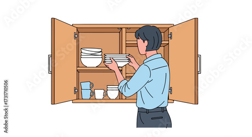 A woman arranges dinnerware in a kitchen cabinet, meticulously placing plates and bowls. Domestic scene depicting organization and everyday chores