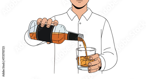 Person pouring amber liquor into a glass with ice cubes creating a refreshing and relaxing scene for happy hour enjoyment