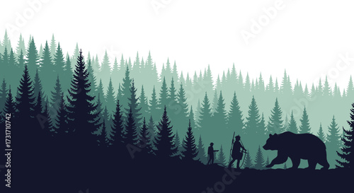 A group of people walking with a bear in a misty forest.