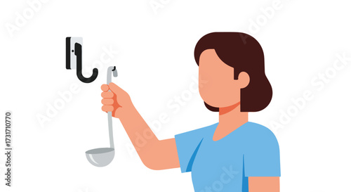 A faceless woman hangs a ladle on a hook representing organization and domestic harmony with a touch of minimalist artistic flair