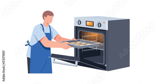 Illustrative scene of an individual baking delectable cookies inside a contemporary kitchen oven with a tray full of treats ready to enjoy