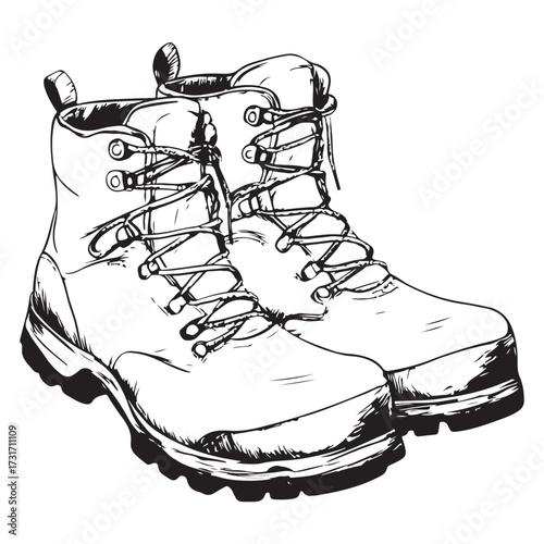 Black and white illustration of two pairs of combat boots on a white background 