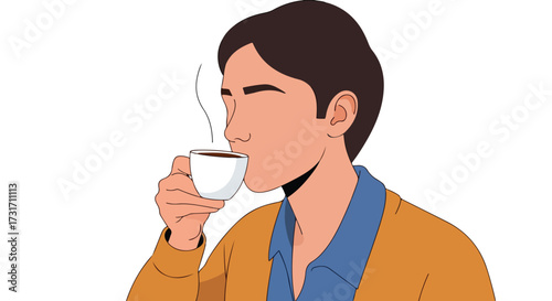 Stylized illustration of a man sipping a warm beverage from a white cup, evoking calmness and daily routine with a minimalist aesthetic character