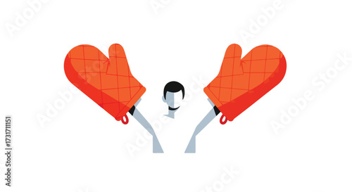 Conceptual culinary protection: An abstract illustration of a cook with oven mitts held overhead, representing safety in food preparation