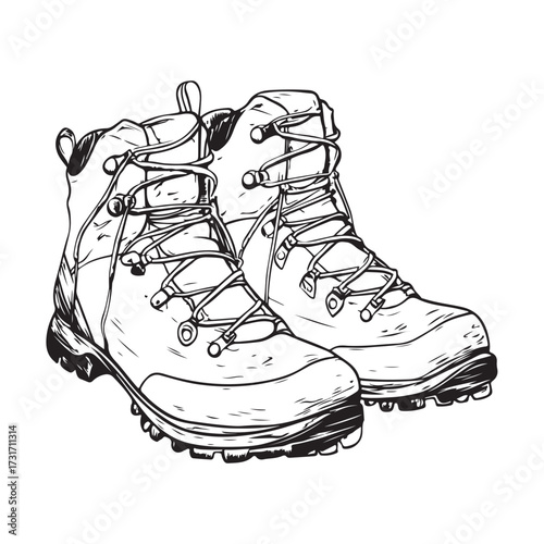 Black and white illustration of two pairs of combat boots on a white background 