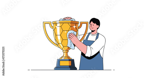 Illustration of a person polishing a golden trophy, highlighting the concept of success and the effort it takes to maintain it, achievement,