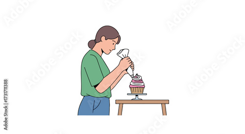 Woman decorating a cupcake with piping bag filled with frosting, expressing culinary creativity and passion for home baking experiences