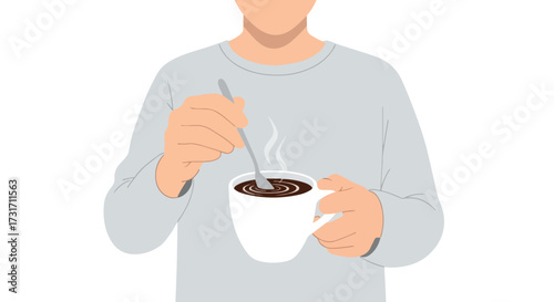 Aromatic interlude: An individual stirring a steaming beverage in a white mug, embodying relaxation and contemplation with simple design aesthetic