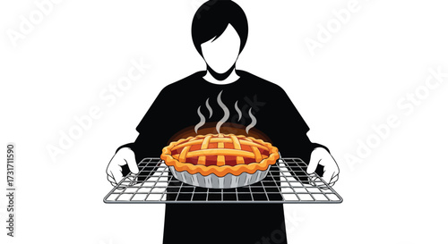 Stylized illustration of a person holding a freshly baked pie on a wire rack steaming with warm inviting vapors coming from the delicious sweet treat