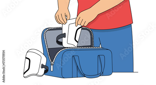 Athlete packing protective gear into sports bag, preparing for game or practice, cartoon illustration with clear lines