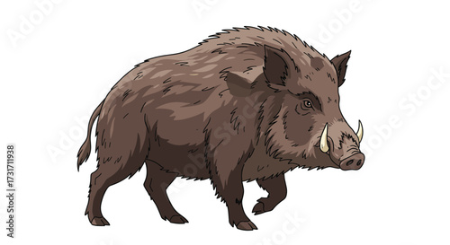 A wild boar animal walking through a brown grassy field on a sunny day.