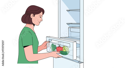 Woman taking out fresh vegetables from refrigerator, promoting healthy eating and lifestyle choices, ensuring food freshness, and emphasizing the