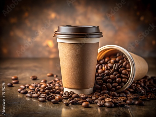 Coffee beans scattered around a takeaway cup on a wooden surface