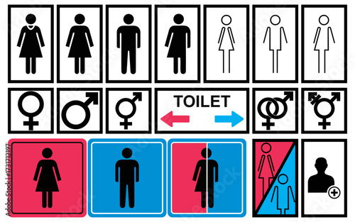 A diverse collection of public restroom and toilet pictograms, showcasing traditional male and female icons alongside modern transgender and all-gender symbols