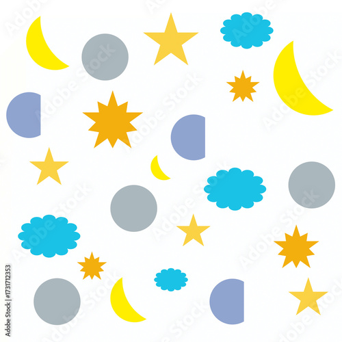 Moon, Stars, Clouds, and Circles – Playful Celestial Seamless Pattern. Great for children’s room designs, pajamas, baby textiles, or celestial-themed decorations