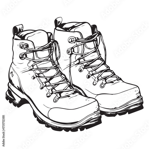 Black and white illustration of two pairs of combat boots on a white background 