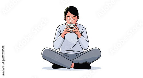 Digital illustration depicting a calm person drinking hot beverage while seated cross-legged in relaxed posture