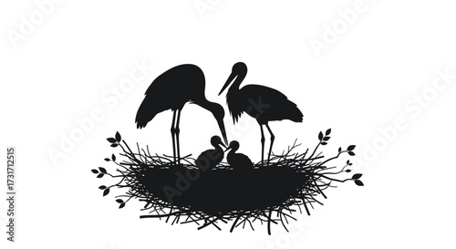 Two adult birds feeding their young chicks in a nest surrounded by branches and leaves.