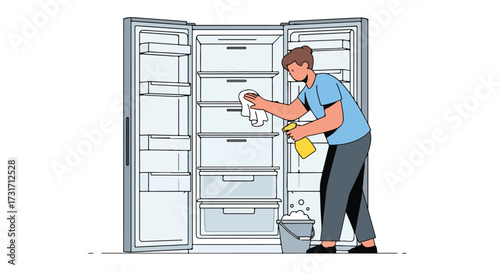 Illustration of a person cleaning the inside of a refrigerator, emphasizing cleanliness and hygiene in food storage appliance maintenance