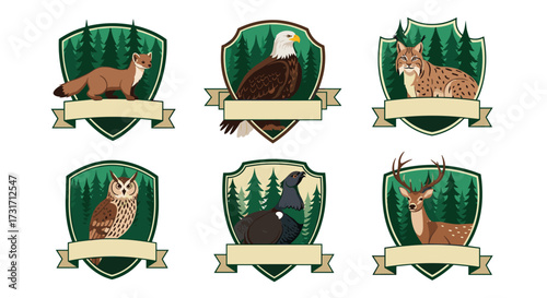 A collection of pixel art badges featuring forest animals and trees.