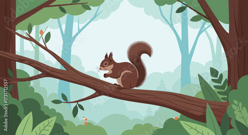 A squirrel sitting on a tree branch in a forest.