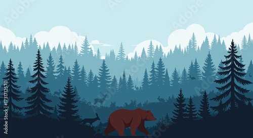 A bear and a deer walk through a misty evergreen forest scene.